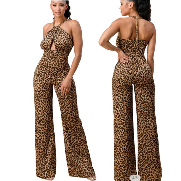 Leopard Print Halter Jumpsuit - Picture 2 of 3